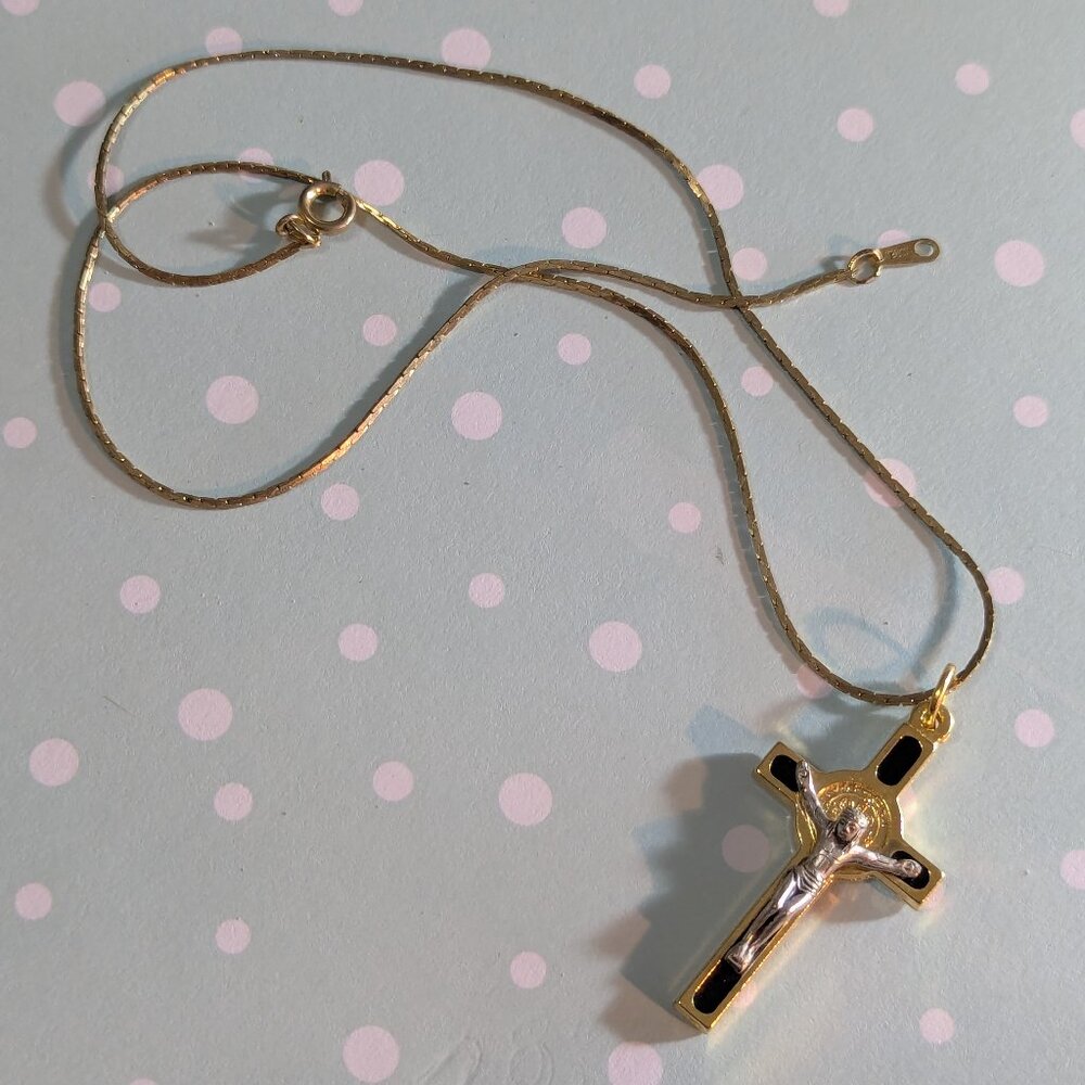 Vintage Gold Tone and Enameled Cross Necklace 15" Catholic Christian